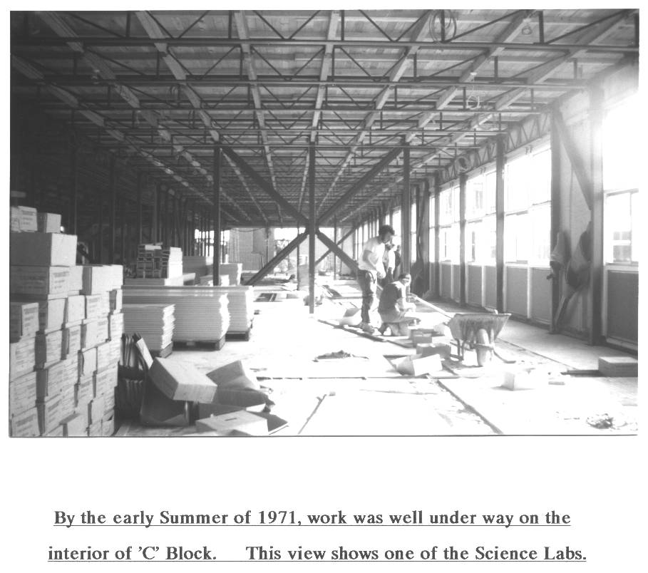 By the early Summer of 1971, work was well under way on the interior of 'C' Block. This view shows one of the Science Labs.