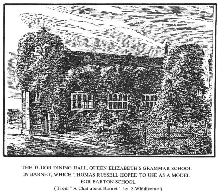 On the right the Tudor dining hall of Queen Elizabeth's Grammar School in Barnet, which Thomas Russell hoped to use as a model fro Barton School ( From “ A Chat about Barnet “  by  S.Widdicome )